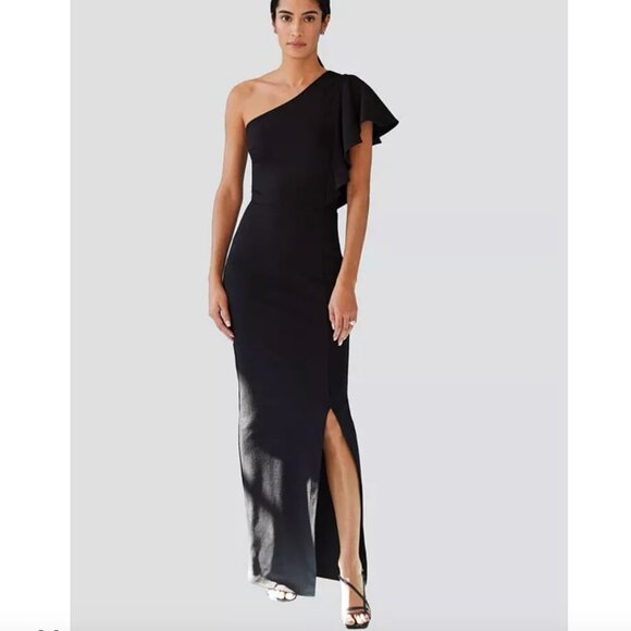 Marcella Women's Meerim Dress Black Maxi Gown One Shoulder Ruffle Slit Sz Large - Picture 1 of 8